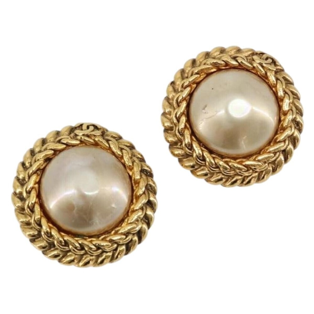 Chanel Vintage Round Clip-On Metal with Faux Pearl